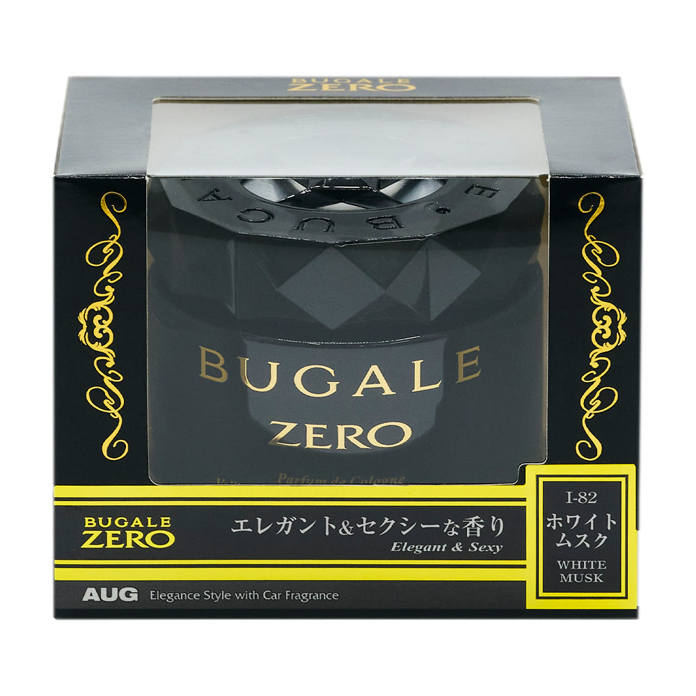 ブガールゼロゲル ホワイトムスク（I-82）の化粧箱の正面。BUGALE ZERO、エレガント＆セクシーな香り（Elegant & Sexy）、ホワイトムスク WHITE MUSK の表示。ブラック色のキャップ