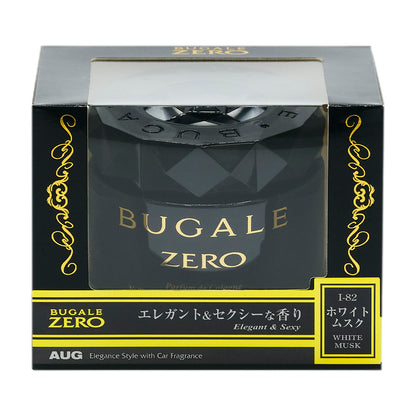 ブガールゼロゲル ホワイトムスク（I-82）の化粧箱の正面。BUGALE ZERO、エレガント＆セクシーな香り（Elegant & Sexy）、ホワイトムスク WHITE MUSK の表示。ブラック色のキャップ