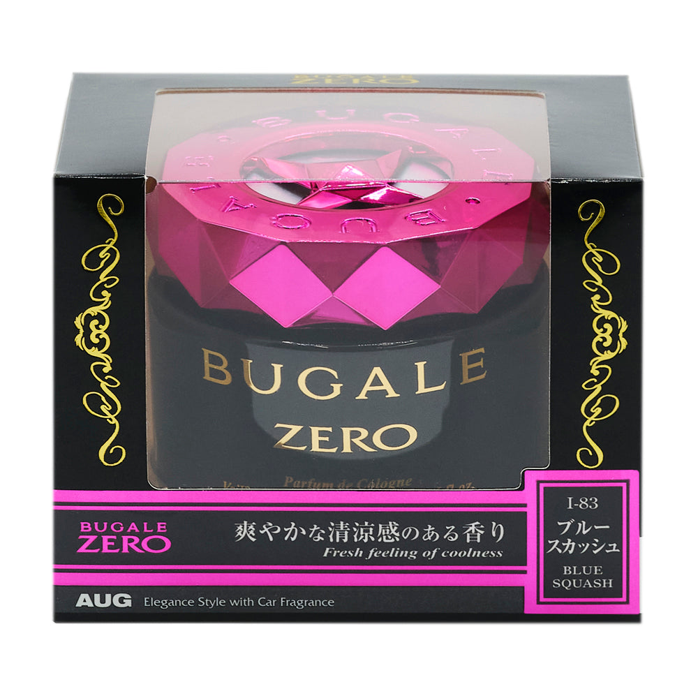 ブガールゼロゲル ブルースカッシュ（I-83）の化粧箱の正面。BUGALE ZERO、爽やかな清涼感のある香り（Fresh feeling of coolness）、ブルースカッシュ BLUE SQUASH の表示。ピンク色のキャップ