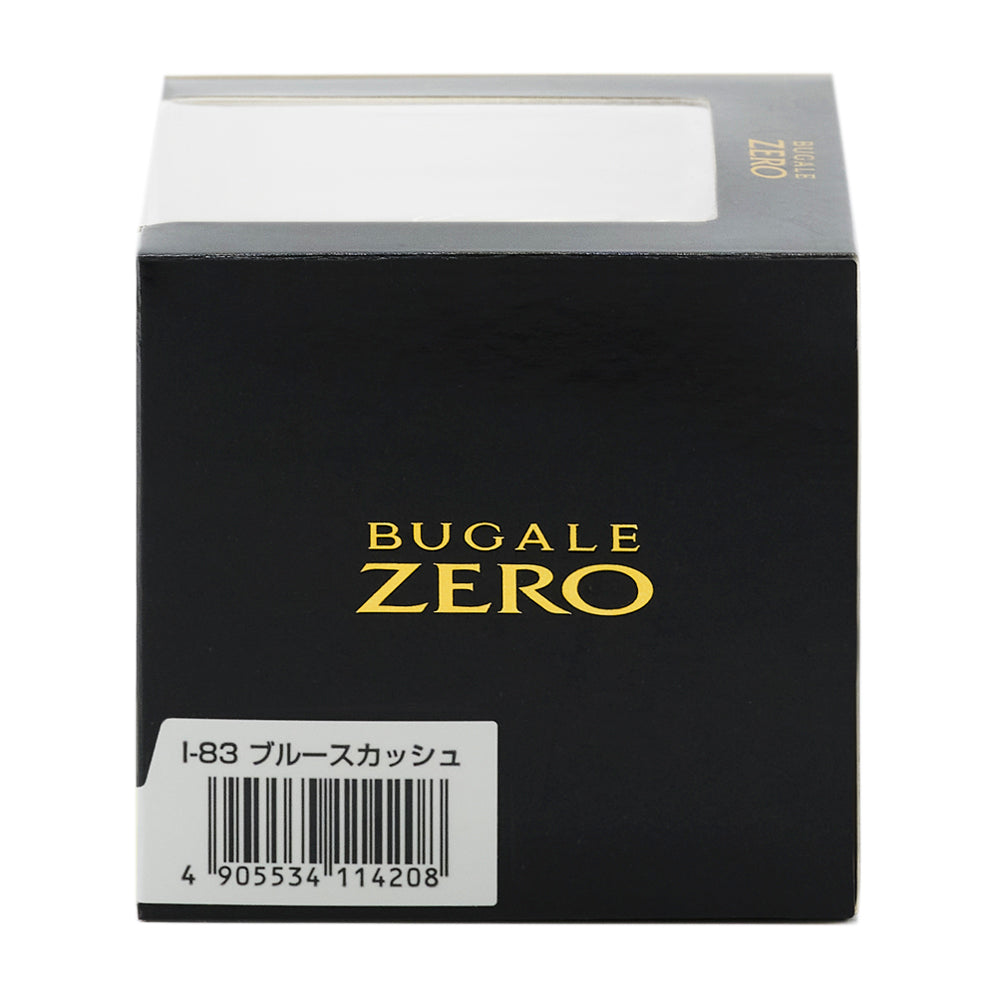 化粧箱の側面。BUGALE ZERO のロゴと、品番I-83 ブルースカッシュ のバーコード