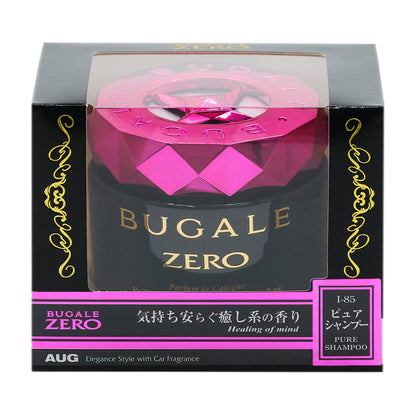 ブガールゼロゲル ピュアシャンプー（I-85）の化粧箱の正面。BUGALE ZERO、気持ち安らぐ癒し系の香り（Healing of mind）、ピュアシャンプー PURE SHAMPOO の表示。ピンク色のキャップ