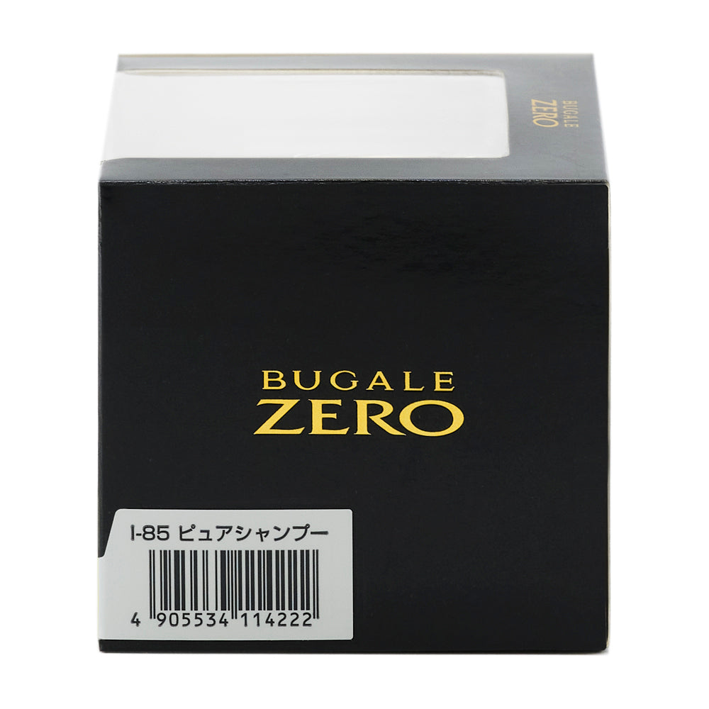 化粧箱の側面。BUGALE ZERO のロゴと、品番I-85 ピュアシャンプー のバーコード