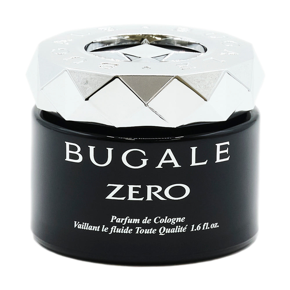 本体の写真。シルバー色のダイヤカット状のキャップと黒い容器。BUGALE ZERO、Parfum de Cologne 1.6 fl.oz. の表示