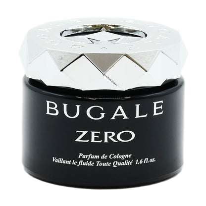 本体の写真。シルバー色のダイヤカット状のキャップと黒い容器。BUGALE ZERO、Parfum de Cologne 1.6 fl.oz. の表示