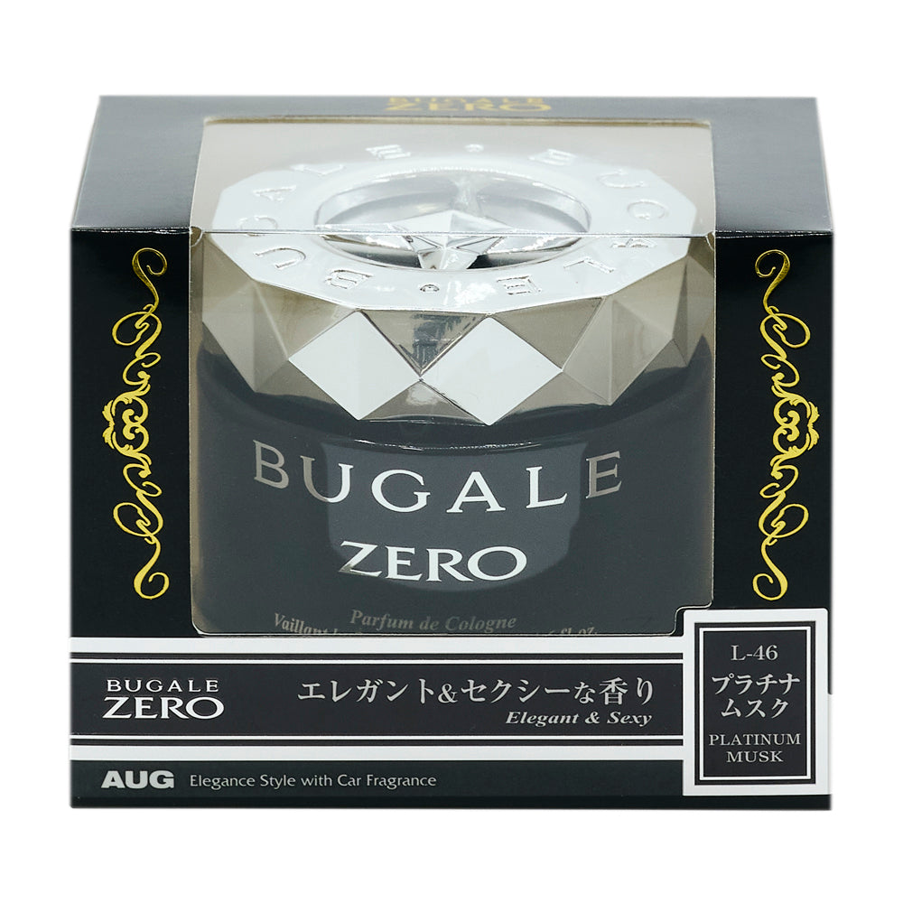 ブガールゼロゲル プラチナムスク（L-46）の化粧箱の正面。BUGALE ZERO、エレガント＆セクシーな香り（Elegant & Sexy）、プラチナムスク PLATINUM MUSK の表示。シルバー色のキャップ