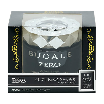 ブガールゼロゲル プラチナムスク（L-46）の化粧箱の正面。BUGALE ZERO、エレガント＆セクシーな香り（Elegant & Sexy）、プラチナムスク PLATINUM MUSK の表示。シルバー色のキャップ