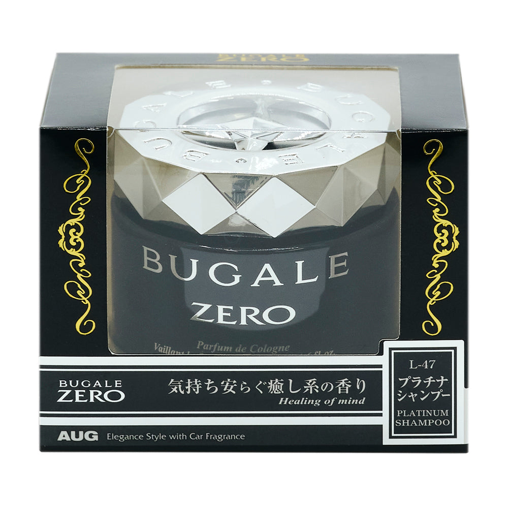 ブガールゼロゲル プラチナシャンプー（L-47）の化粧箱の正面。BUGALE ZERO、気持ち安らぐ癒し系の香り（Healing of mind）、プラチナシャンプー PLATINUM SHAMPOO の表示。シルバー色のキャップ