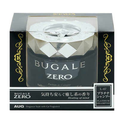 ブガールゼロゲル プラチナシャンプー（L-47）の化粧箱の正面。BUGALE ZERO、気持ち安らぐ癒し系の香り（Healing of mind）、プラチナシャンプー PLATINUM SHAMPOO の表示。シルバー色のキャップ