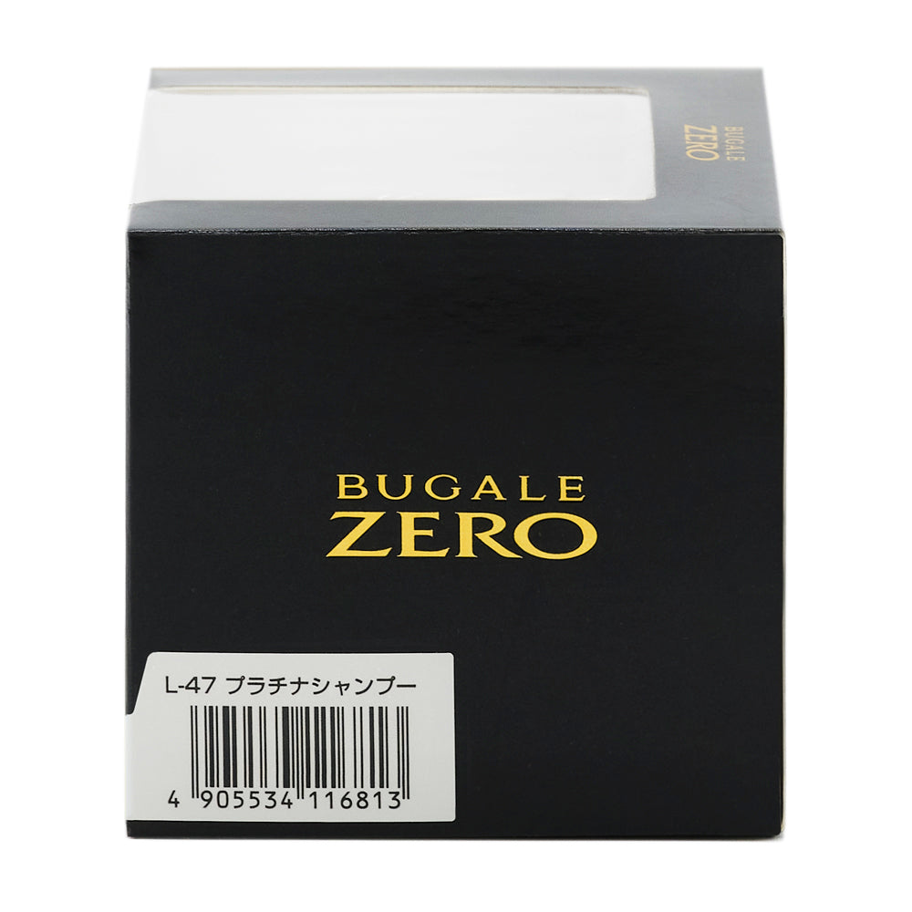 化粧箱の側面。BUGALE ZERO のロゴと、品番L-47 プラチナシャンプー のバーコード