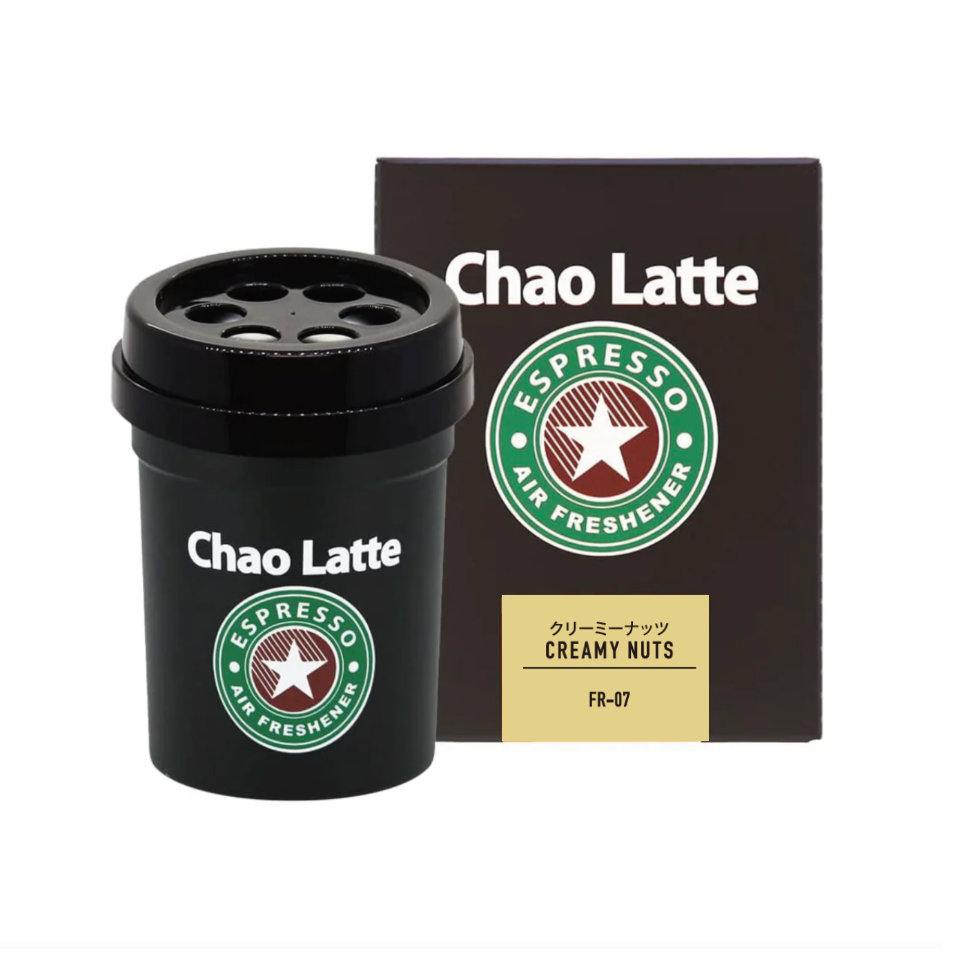 カオラテゲル ブラック クリーミーナッツ（FR-07）の本体と化粧箱。黒いカップ型の容器と、Chao Latte ESPRESSO AIR FRESHENER のロゴ、クリーミーナッツ CREAMY NUTS FR-07 の表示