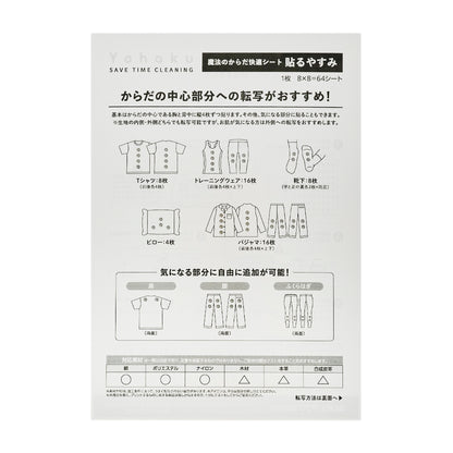 同梱の説明書の表。「からだの中心部分への転写がおすすめ!」の見出しと、胸と背中に縦4枚ずつという説明。目安はTシャツ8枚、トレーニングウェア16枚、靴下8枚、ピロー4枚、パジャマ16枚。肩・腰・ふくらはぎへの追加の図。対応素材は綿・ポリエステル・ナイロンが○、木材・本革・合成皮革が△