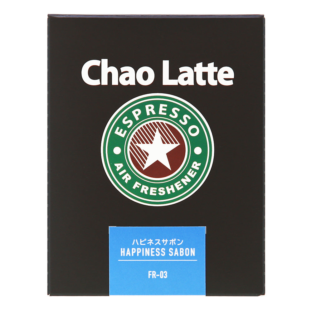 化粧箱の正面。Chao Latte のロゴと、ハピネスサボン HAPPINESS SABON FR-03 のラベル