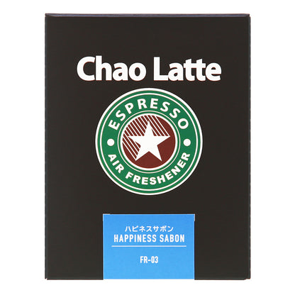 化粧箱の正面。Chao Latte のロゴと、ハピネスサボン HAPPINESS SABON FR-03 のラベル