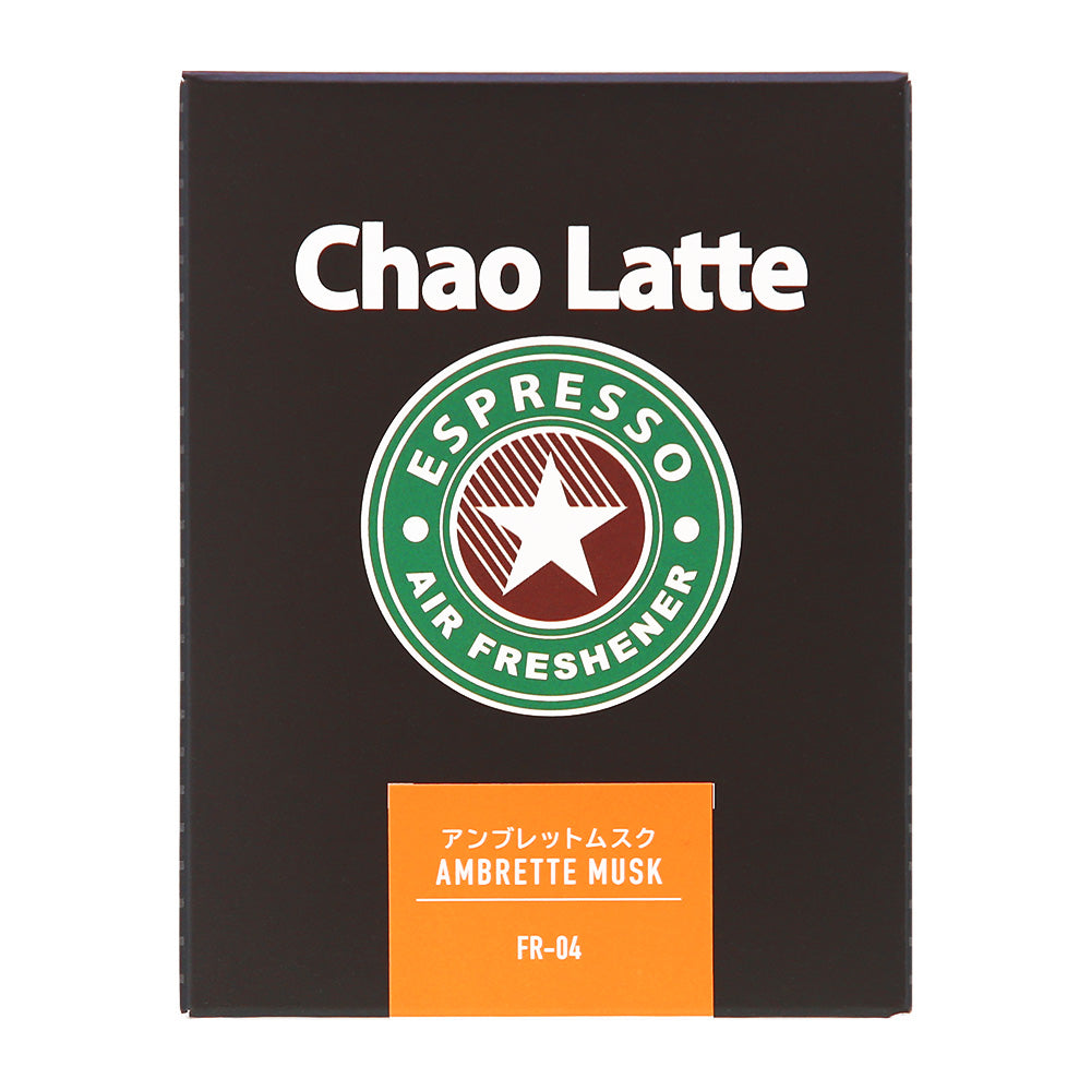 化粧箱の正面。Chao Latte のロゴと、アンブレットムスク AMBRETTE MUSK FR-04 のラベル