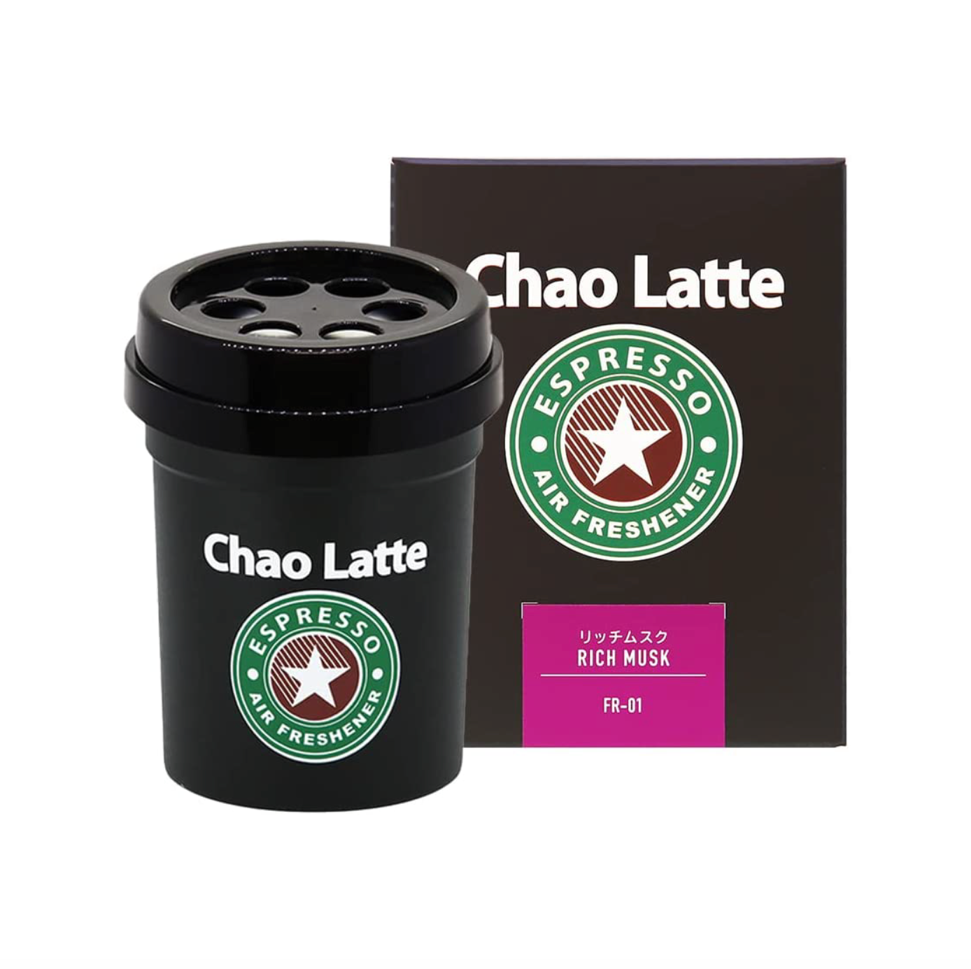 カオラテゲル ブラック リッチムスク（FR-01）の本体と化粧箱。黒いカップ型の容器と、Chao Latte ESPRESSO AIR FRESHENER のロゴ、リッチムスク RICH MUSK FR-01 の表示
