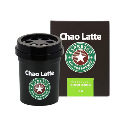 カオラテゲル ブラック プレミアムシャンプー（FR-02）の本体と化粧箱。黒いカップ型の容器と、Chao Latte ESPRESSO AIR FRESHENER のロゴ、プレミアムシャンプー PREMIUM SHAMPOO FR-02 の表示