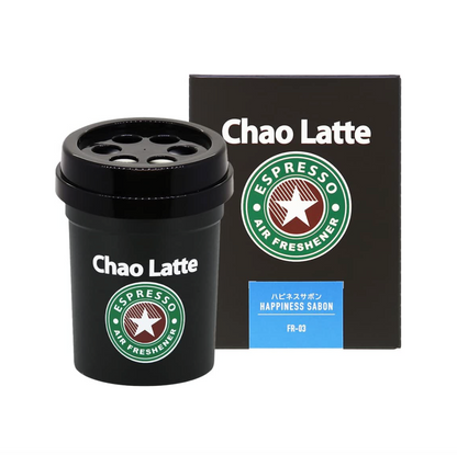 カオラテゲル ブラック ハピネスサボン（FR-03）の本体と化粧箱。黒いカップ型の容器と、Chao Latte ESPRESSO AIR FRESHENER のロゴ、ハピネスサボン HAPPINESS SABON FR-03 の表示