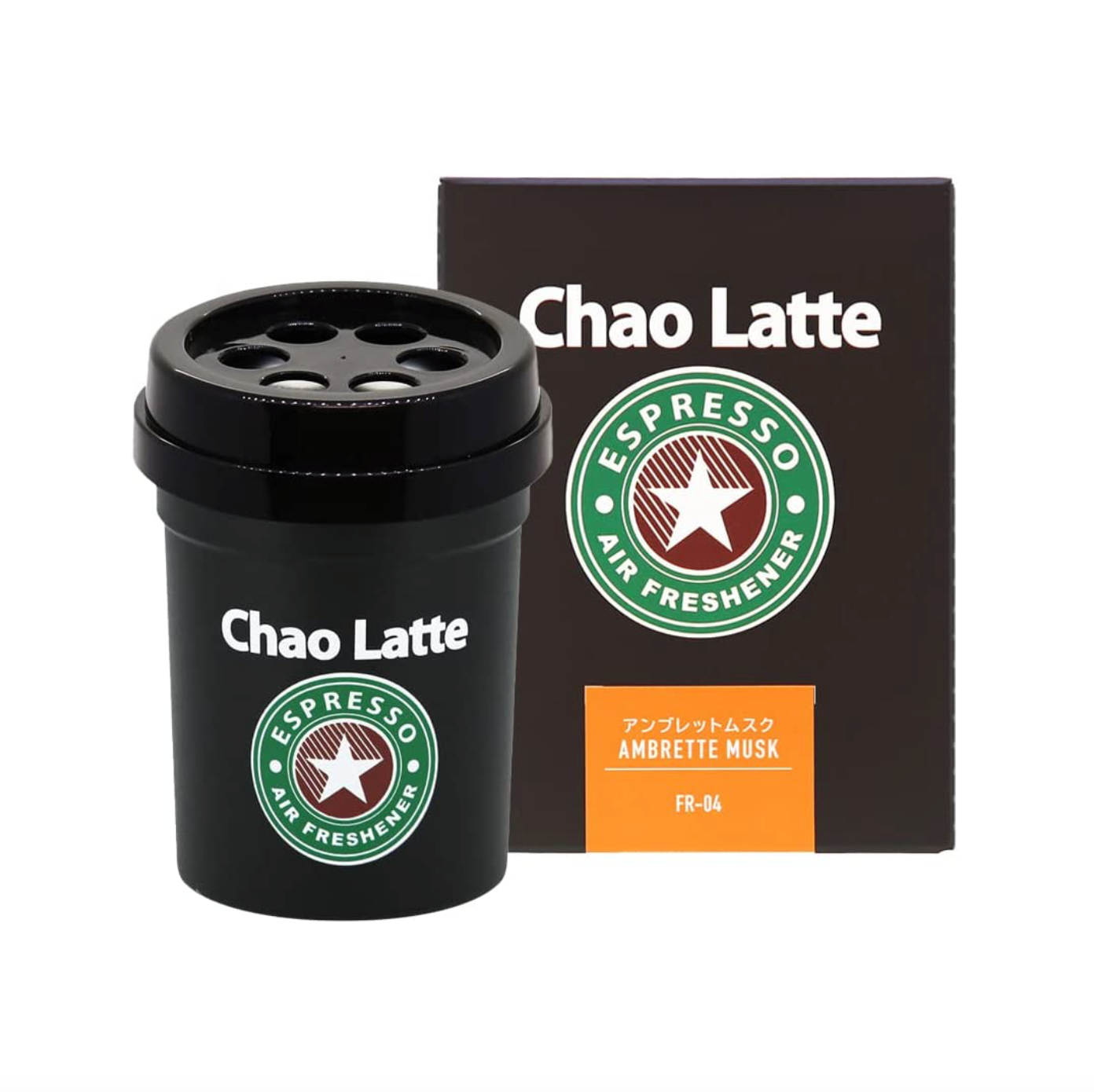 カオラテゲル ブラック アンブレットムスク（FR-04）の本体と化粧箱。黒いカップ型の容器と、Chao Latte ESPRESSO AIR FRESHENER のロゴ、アンブレットムスク AMBRETTE MUSK FR-04 の表示